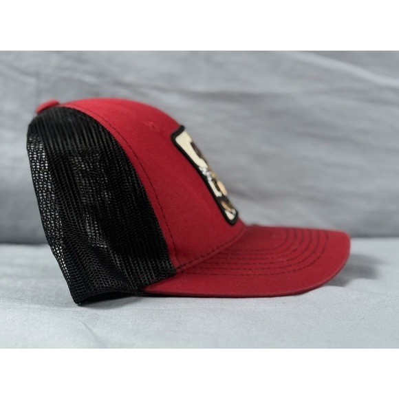 Bear Rich Money Bag Style Top Level Mesh Trucker Hat Red Curved Baseball Cap - Picture 2 of 4